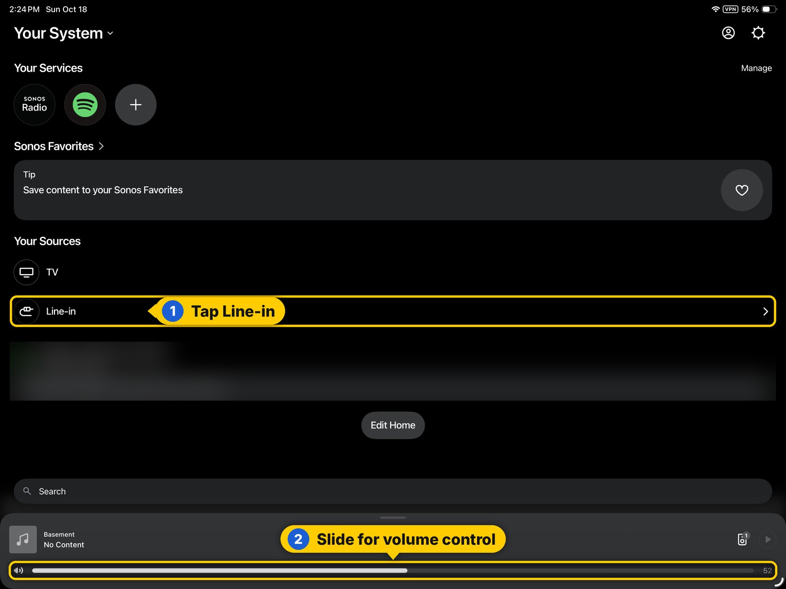 The whole Sonos screen with Line-in circled