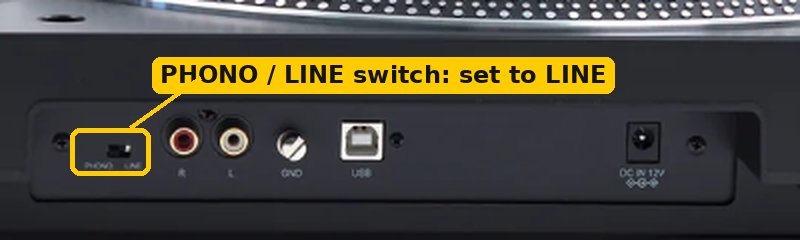 Back of the record player with the PHONO/LINE switch circled