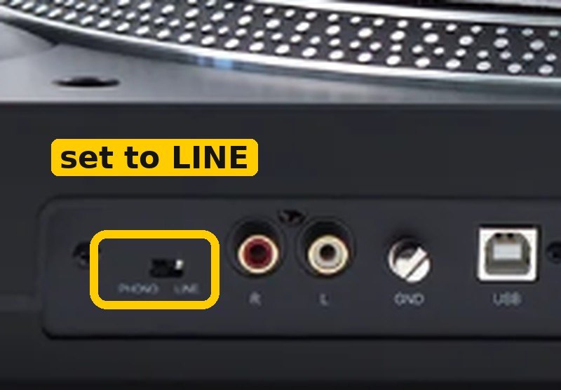 PHONO/LINE switch on the back circled